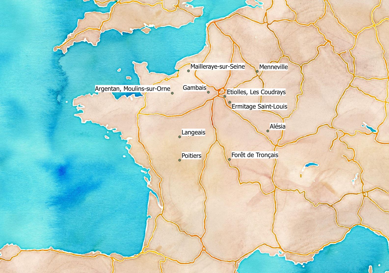 Carte de localisation des différents chantiers de fouilles archéologiques de l'UFR 03 en France